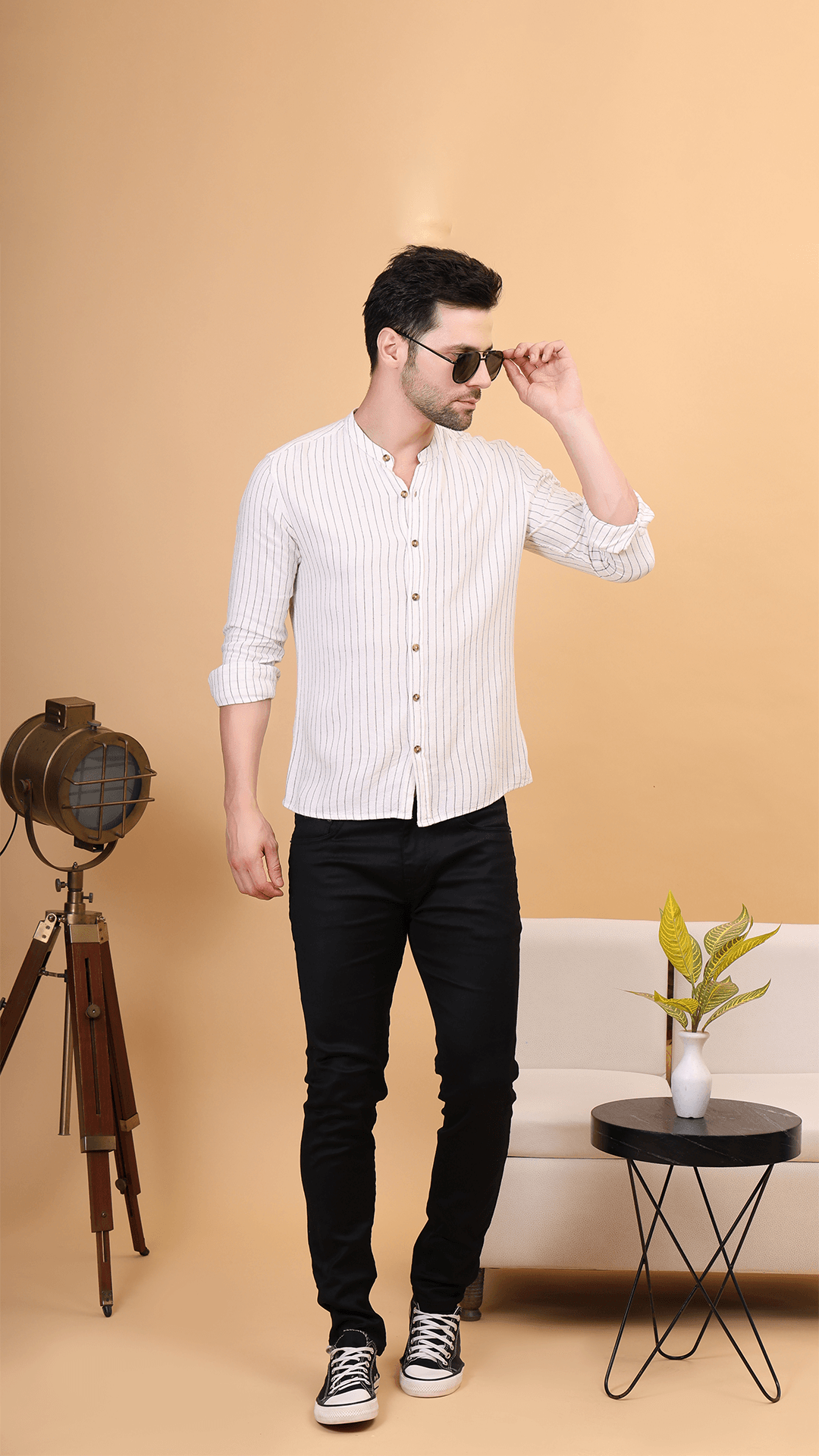 Off-White Striped Cotton-Linen Mandarin Collar Shirt