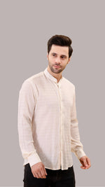 Cream Textured Cotton Shirt with Mandarin Collar by FD