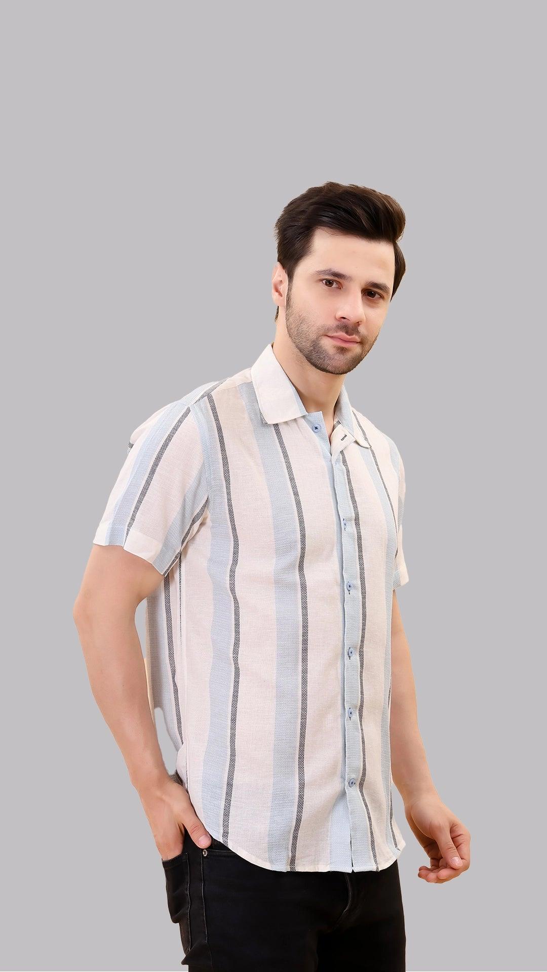 Blue and Gray Striped White Jute Shirt by FD