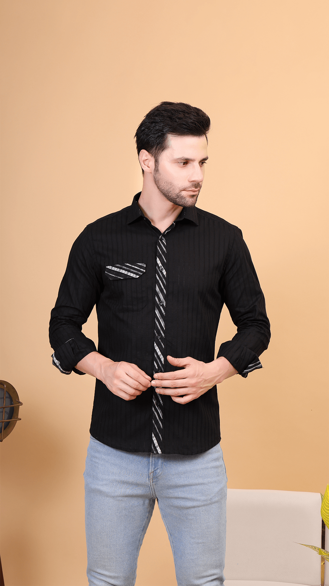 Black Striped Cotton Shirt with Contrast Detailing by FD