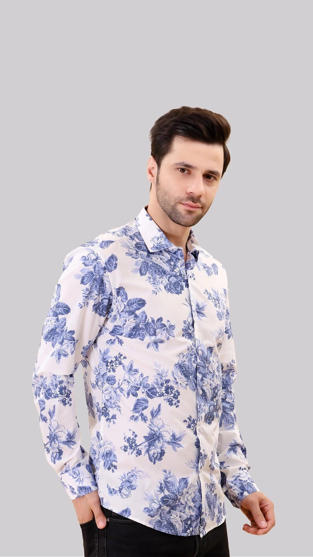 White and Blue Floral Cotton shirt by FD