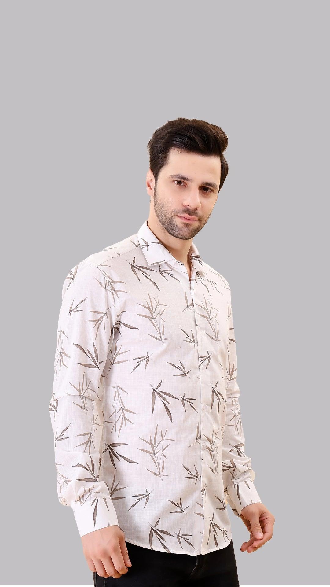 White and Brown Floral Cotton Shirt by FD