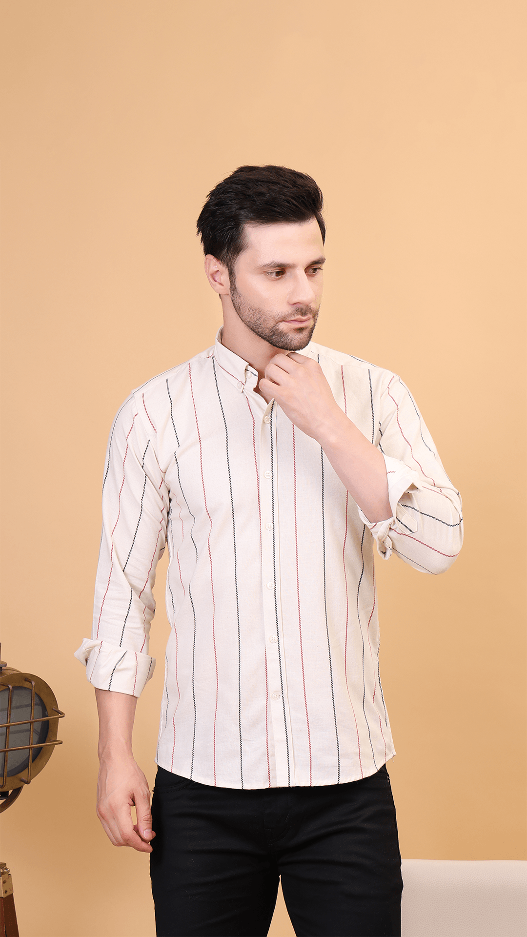 Ivory Multi-Striped Button-Down Cotton Shirt