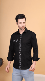 Black Striped Cotton Shirt with Contrast Detailing by FD