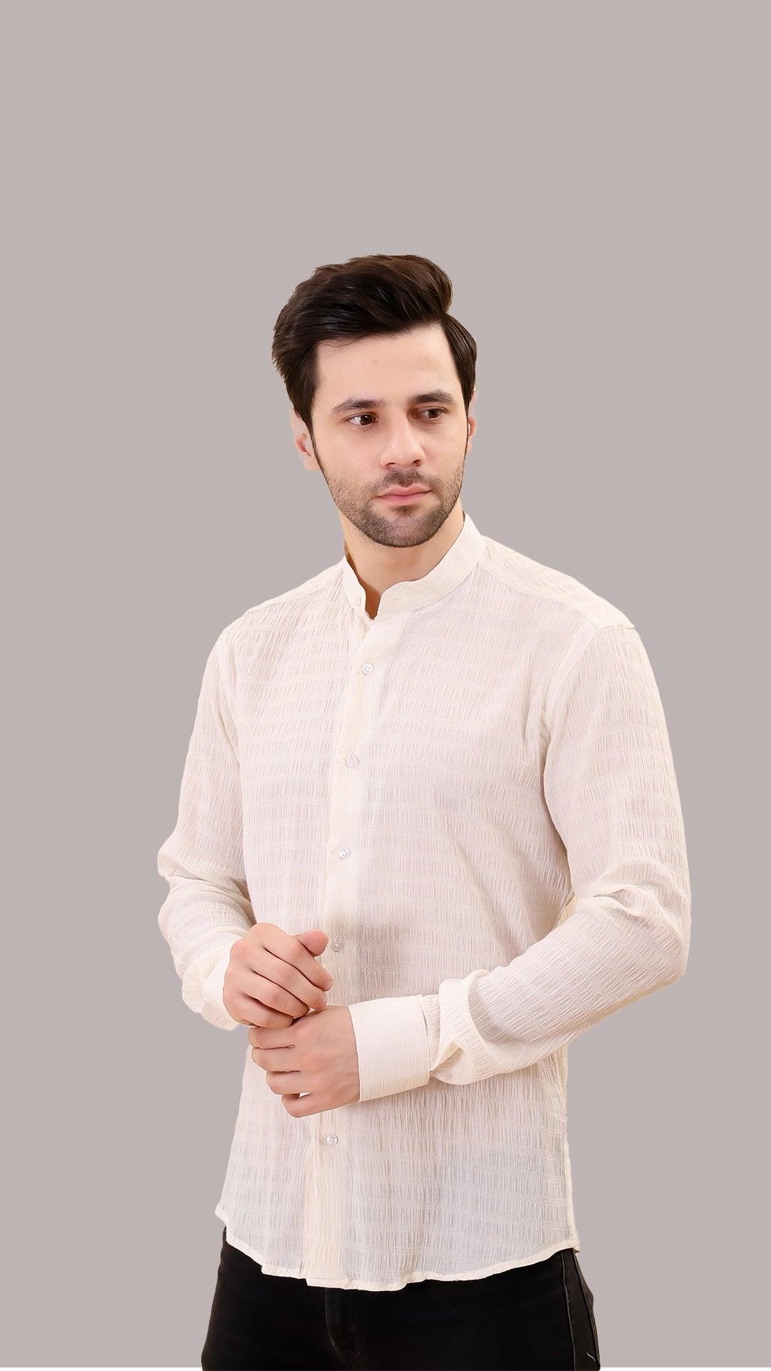 Cream Textured Cotton Shirt with Mandarin Collar by FD