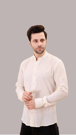 Cream Textured Cotton Shirt with Mandarin Collar by FD