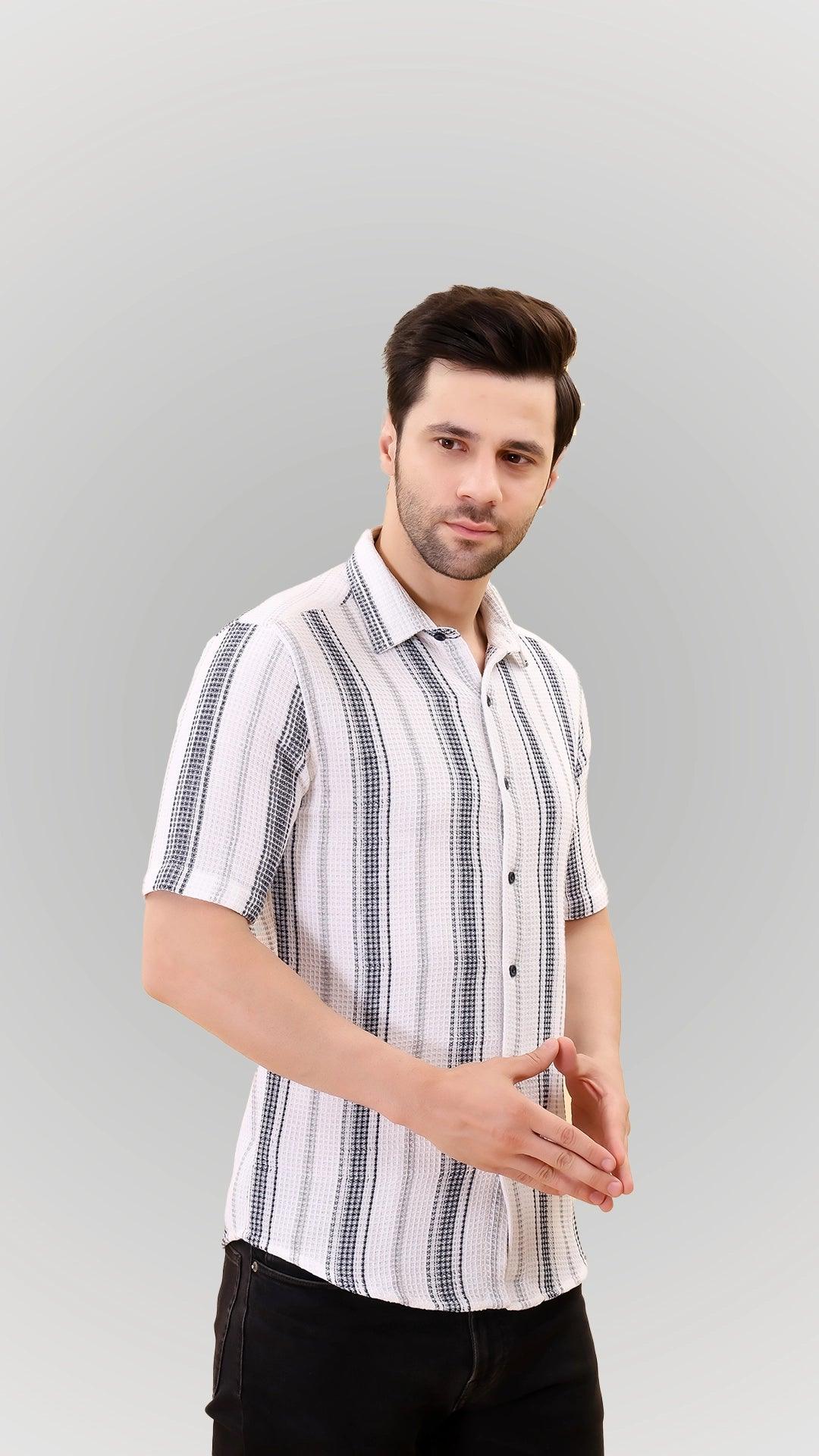 White Short Sleeve Striped Button-Up Shirt by FD