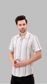 Blue and Gray Striped White Jute Shirt by FD