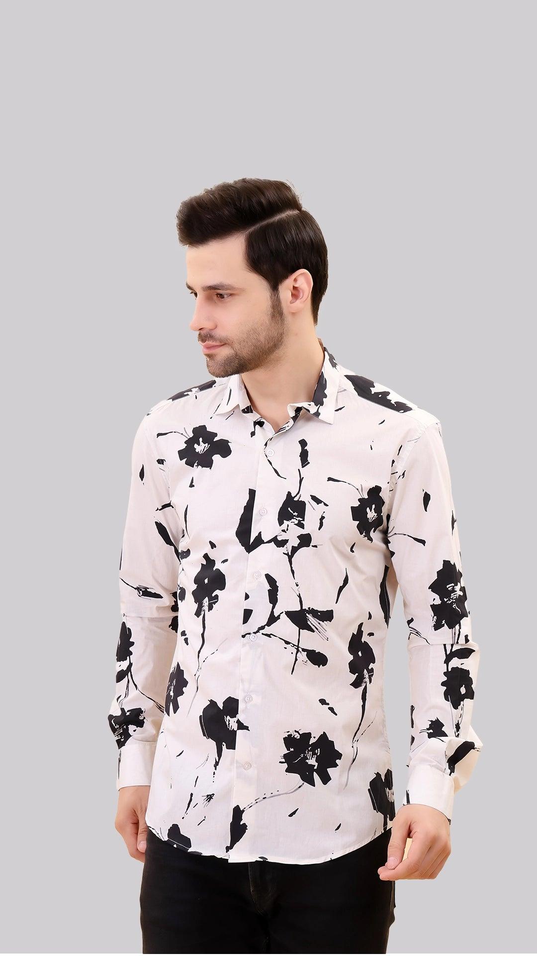 White & Black Print Cotton Shirt by FD