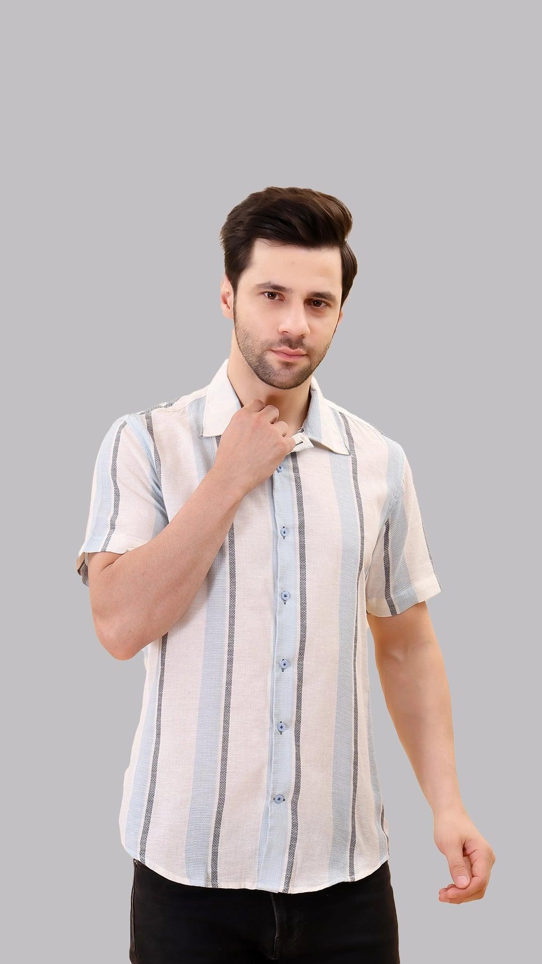 Blue and Gray Striped White Jute Shirt by FD