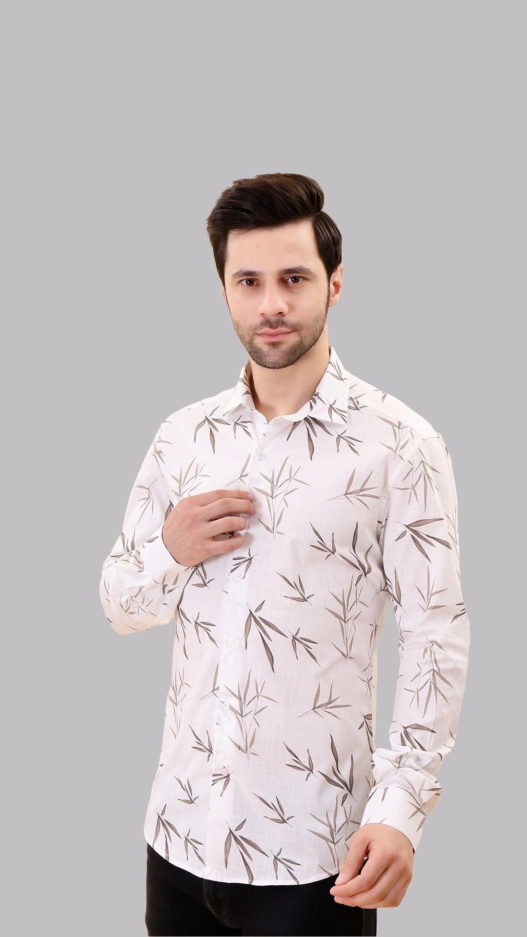 White and Brown Floral Cotton Shirt by FD