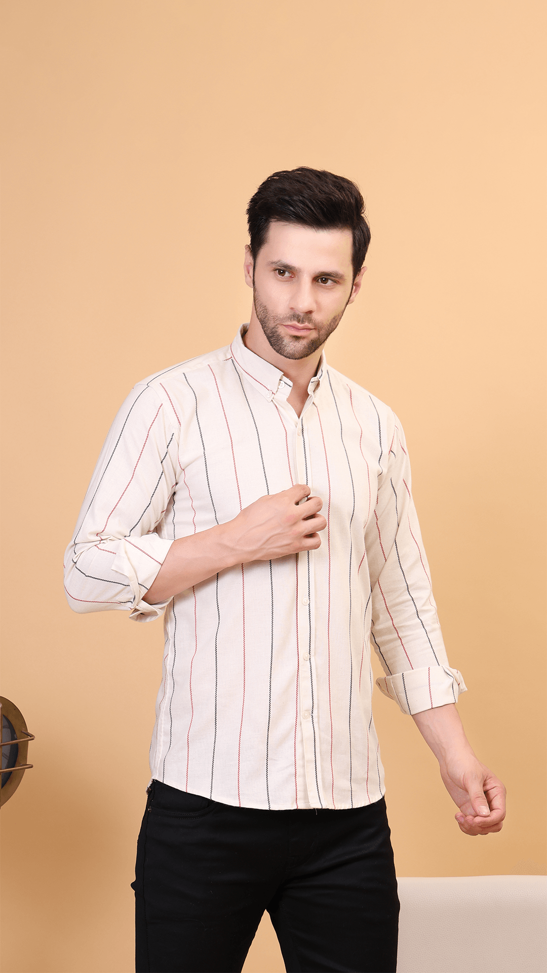 Ivory Multi-Striped Button-Down Cotton Shirt