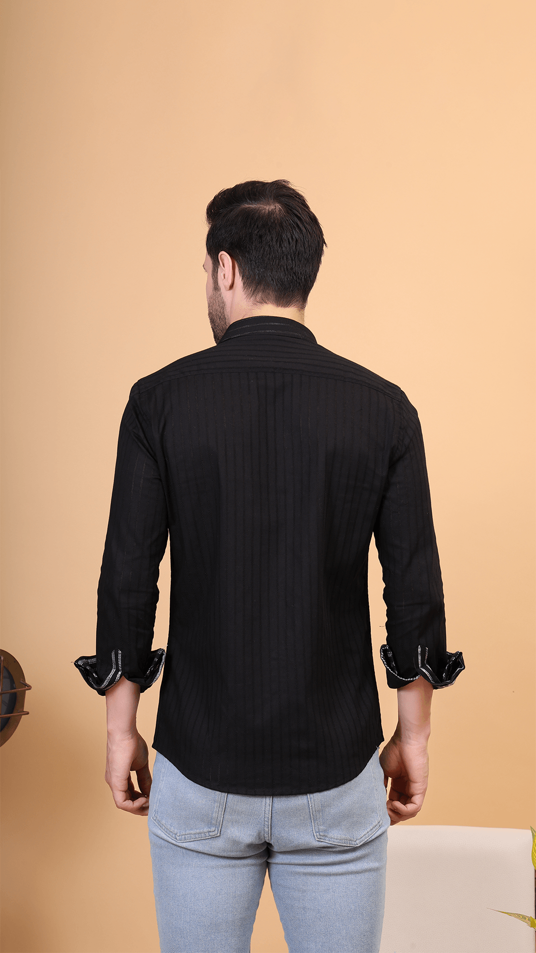 Black Striped Cotton Shirt with Contrast Detailing by FD