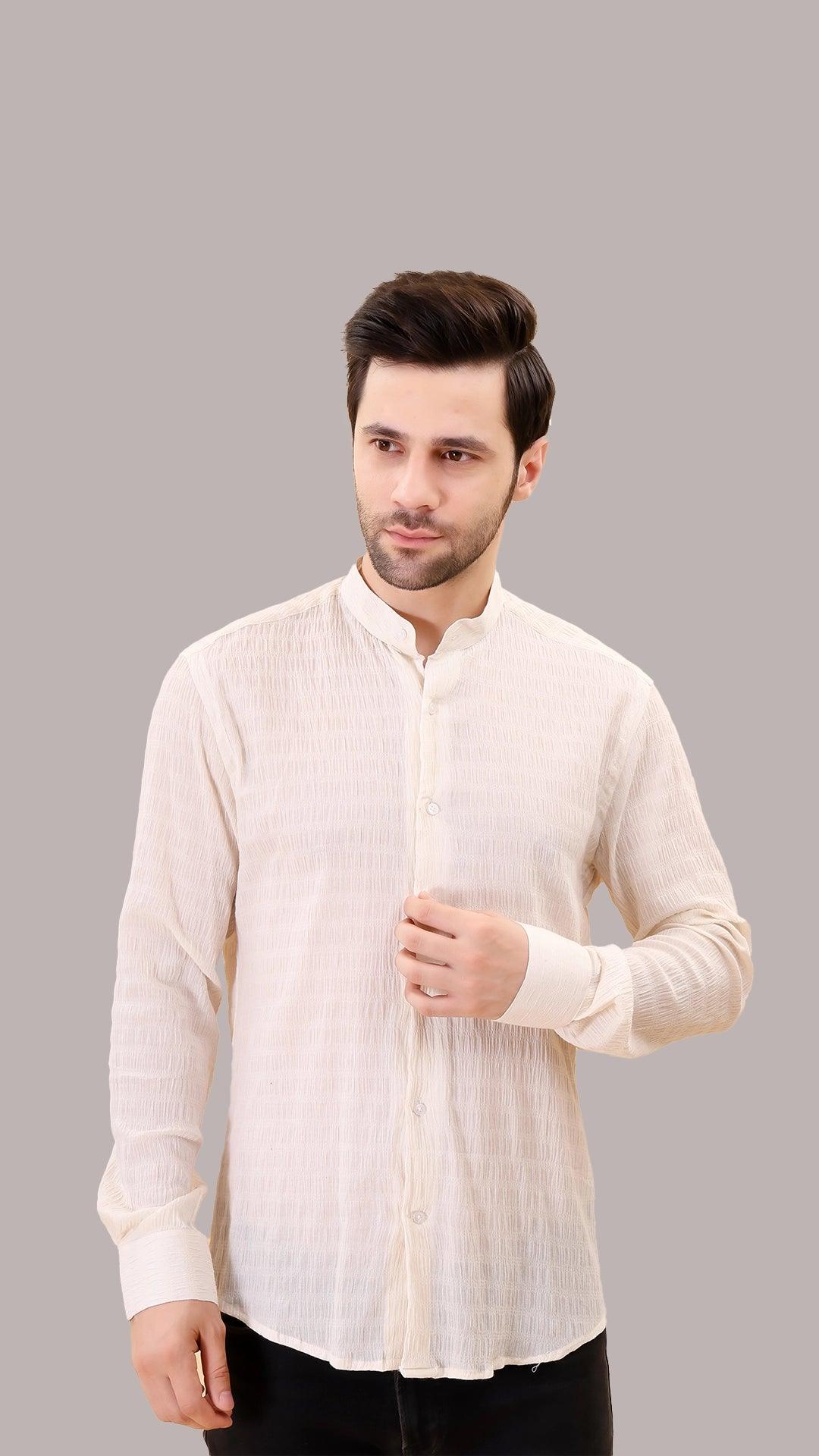 Cream Textured Cotton Shirt with Mandarin Collar by FD