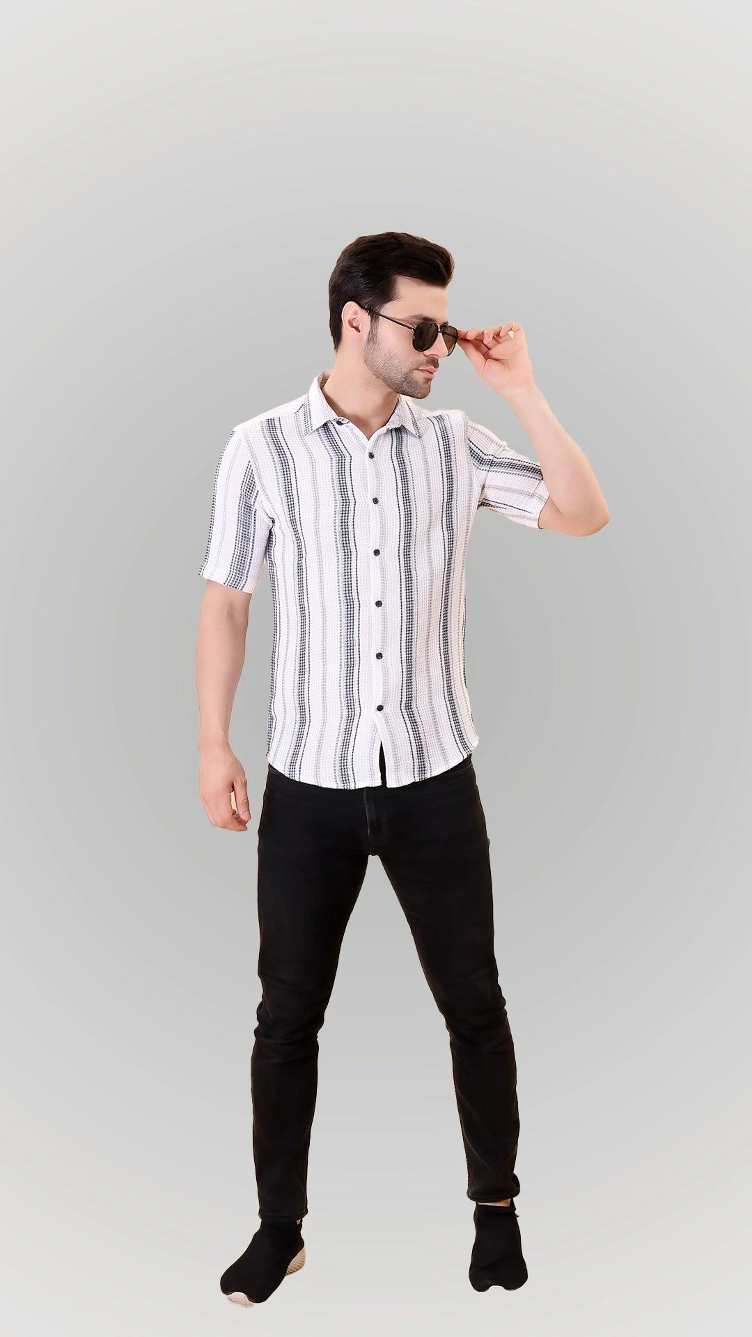 White Short Sleeve Striped Button-Up Shirt by FD