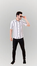 White Short Sleeve Striped Button-Up Shirt by FD