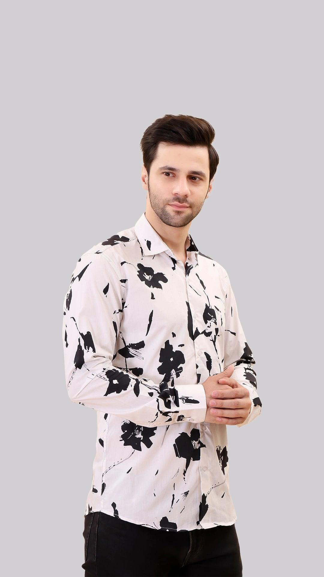 White & Black Print Cotton Shirt by FD