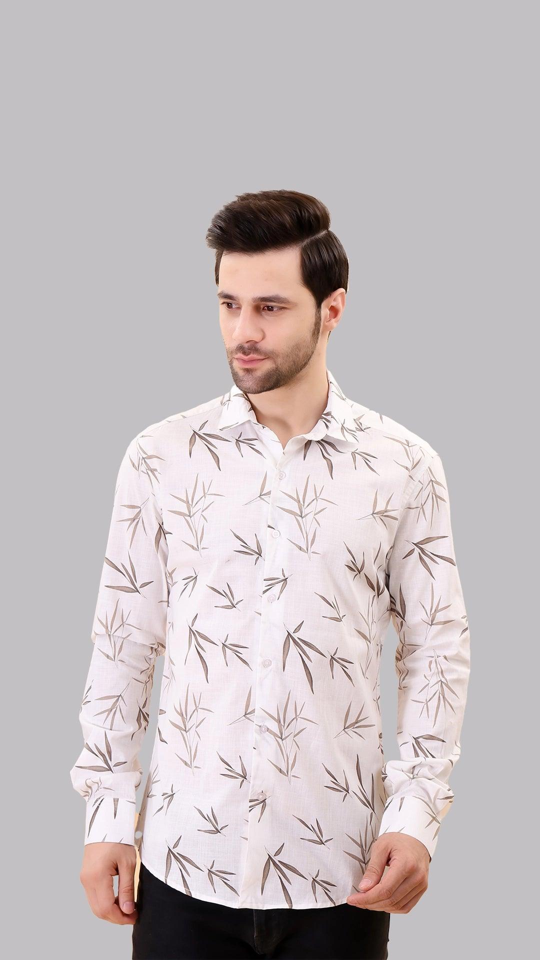 White and Brown Floral Cotton Shirt by FD