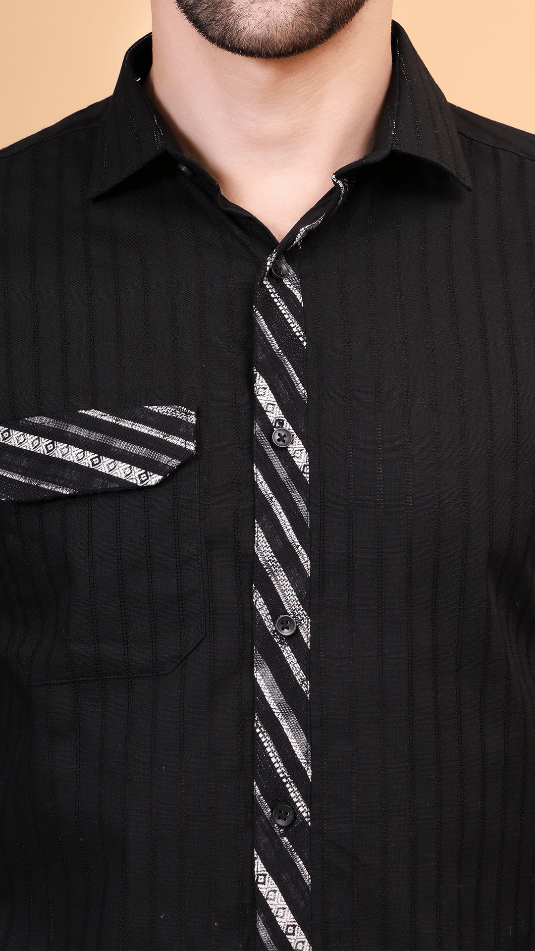 Black Striped Cotton Shirt with Contrast Detailing by FD