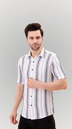 White Short Sleeve Striped Button-Up Shirt by FD