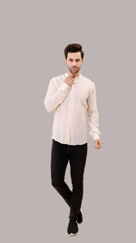 Cream Textured Cotton Shirt with Mandarin Collar by FD