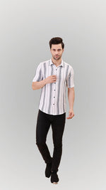 White Short Sleeve Striped Button-Up Shirt by FD