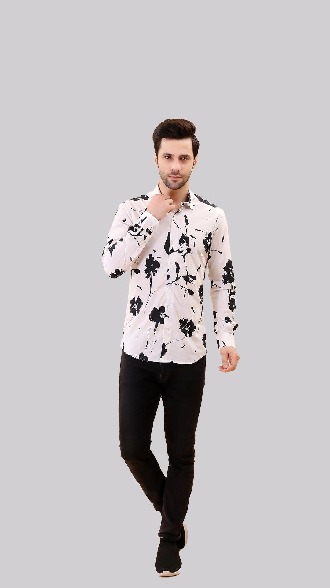 White & Black Print Cotton Shirt by FD