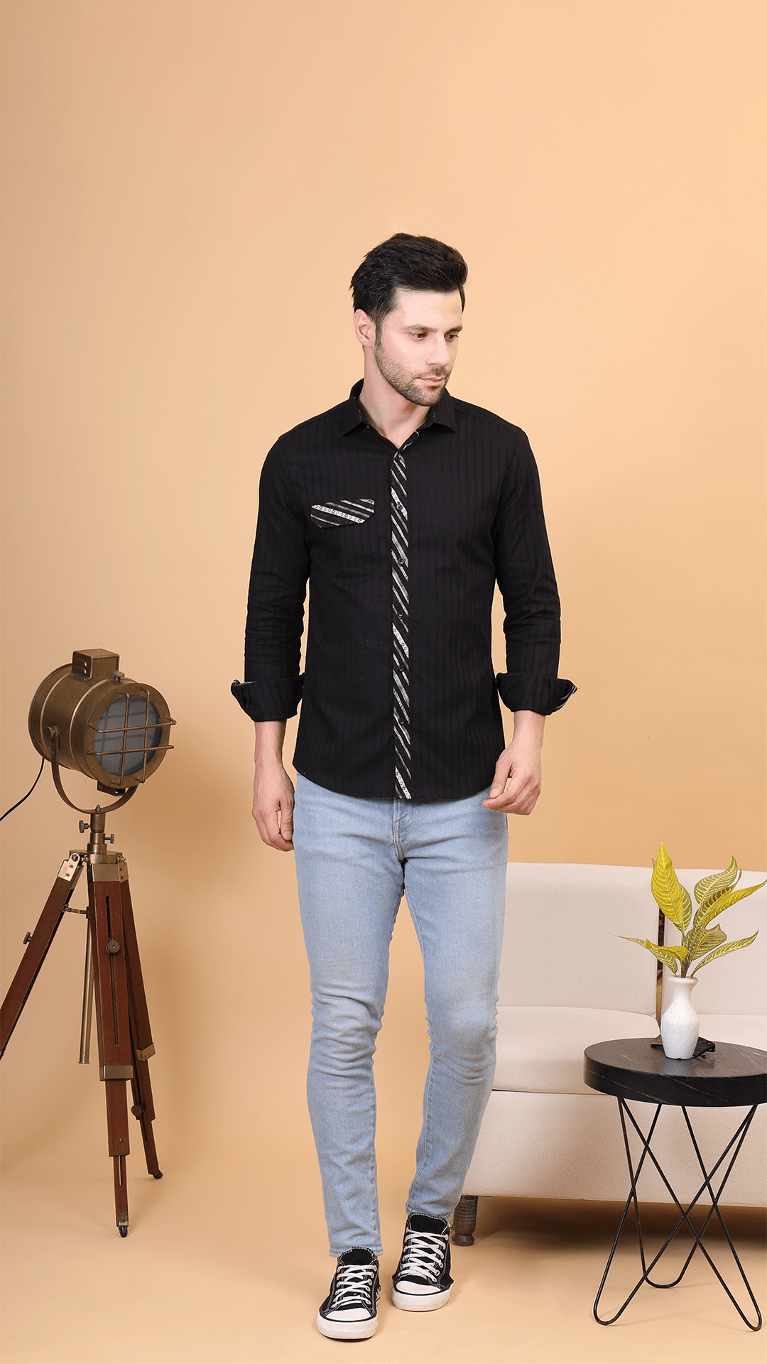 Black Striped Cotton Shirt with Contrast Detailing by FD