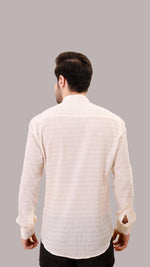 Cream Textured Cotton Shirt with Mandarin Collar by FD