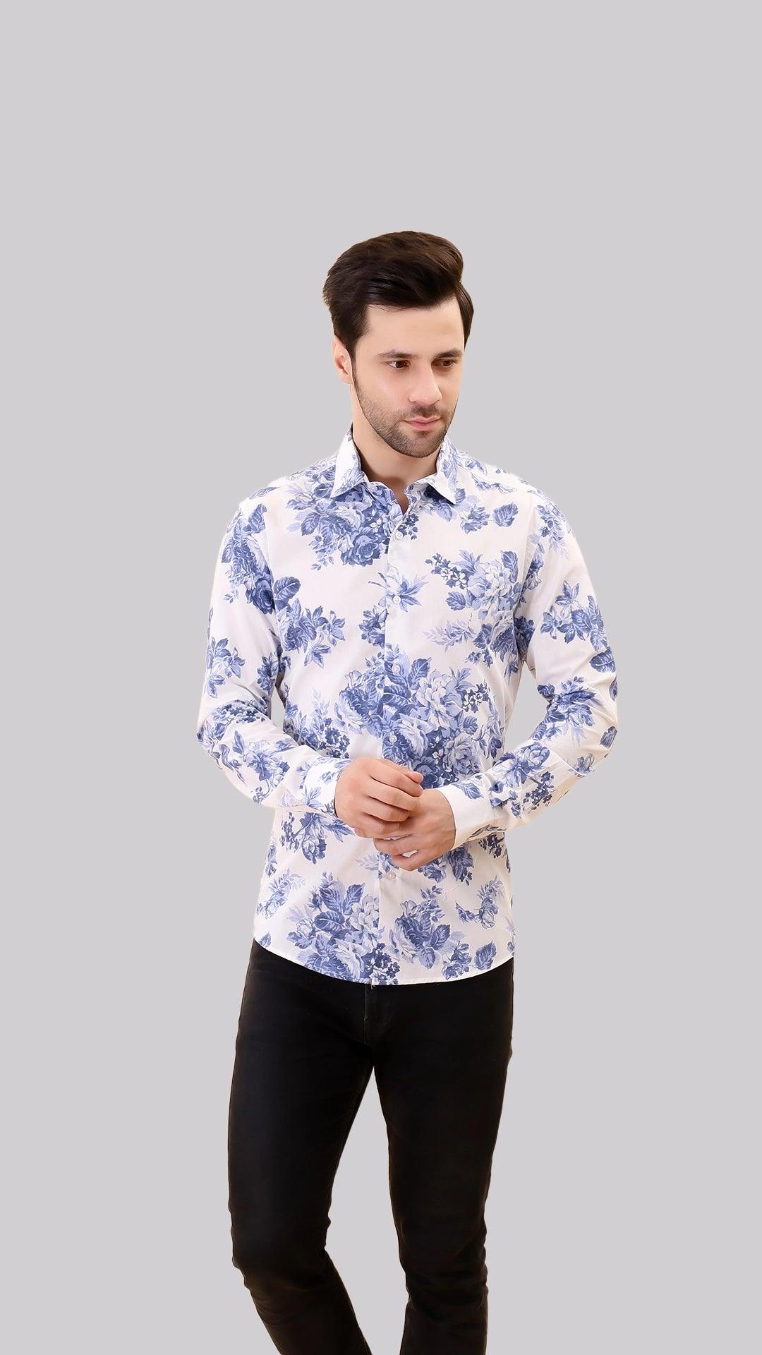 White and Blue Floral Cotton shirt by FD