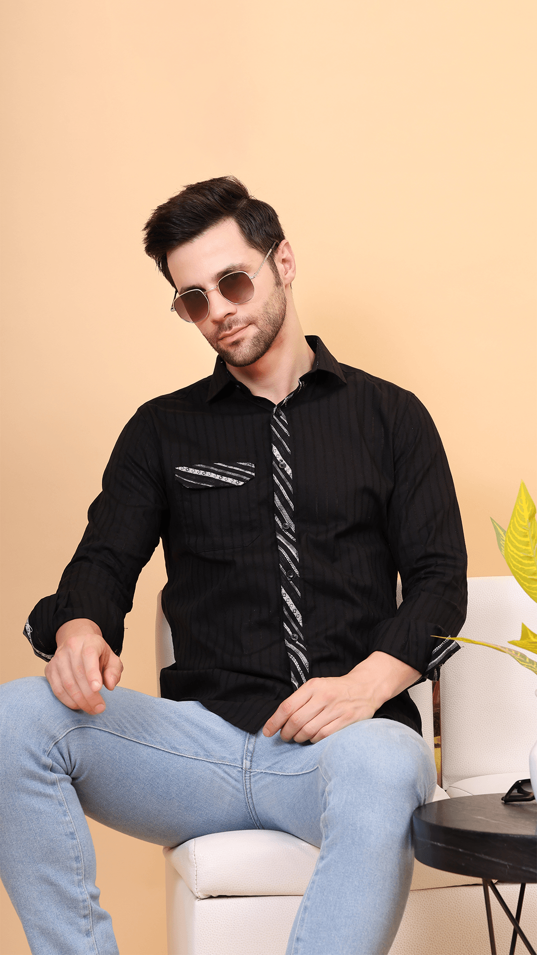 Black Striped Cotton Shirt with Contrast Detailing by FD