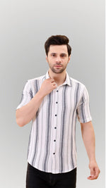 White Short Sleeve Striped Button-Up Shirt by FD