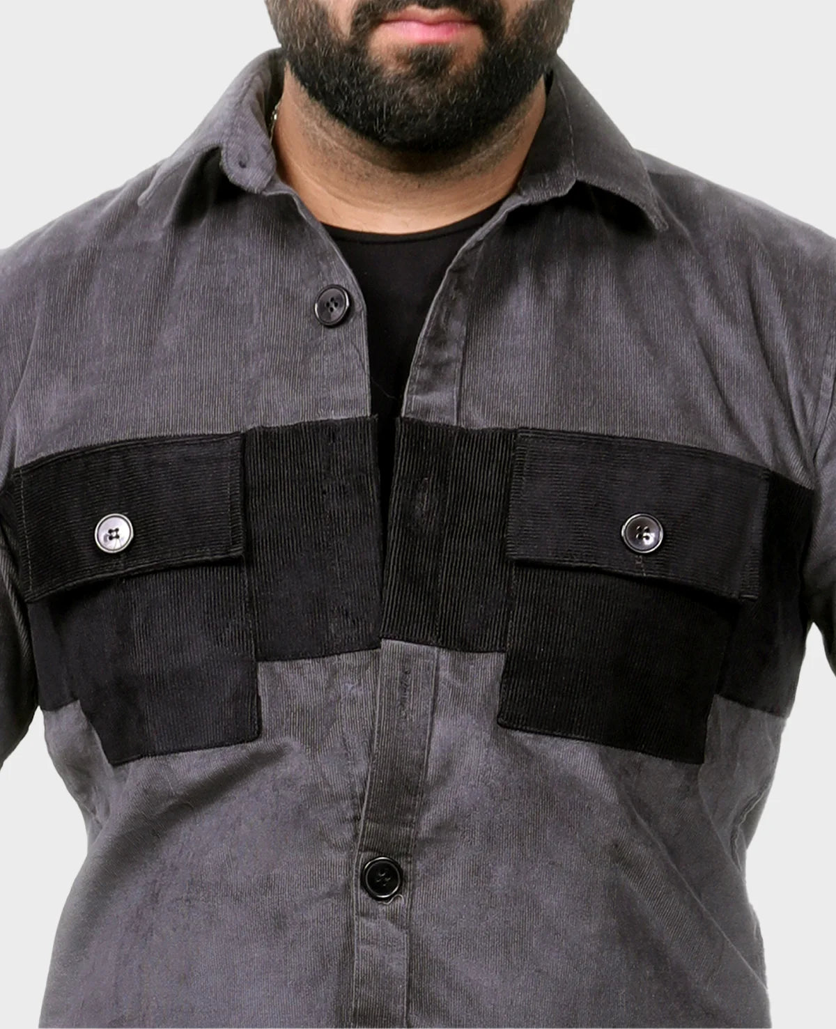 Dark Grey Corduroy Men's Shacket with Black Pockets - Perfect for Parties