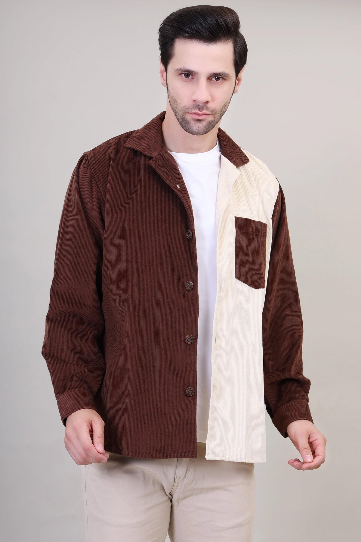 Men's Colorblock Beige and Brown Corduroy Shacket