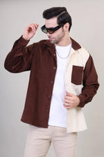 Men's Colorblock Beige and Brown Corduroy Shacket