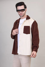 Men's Colorblock Beige and Brown Corduroy Shacket