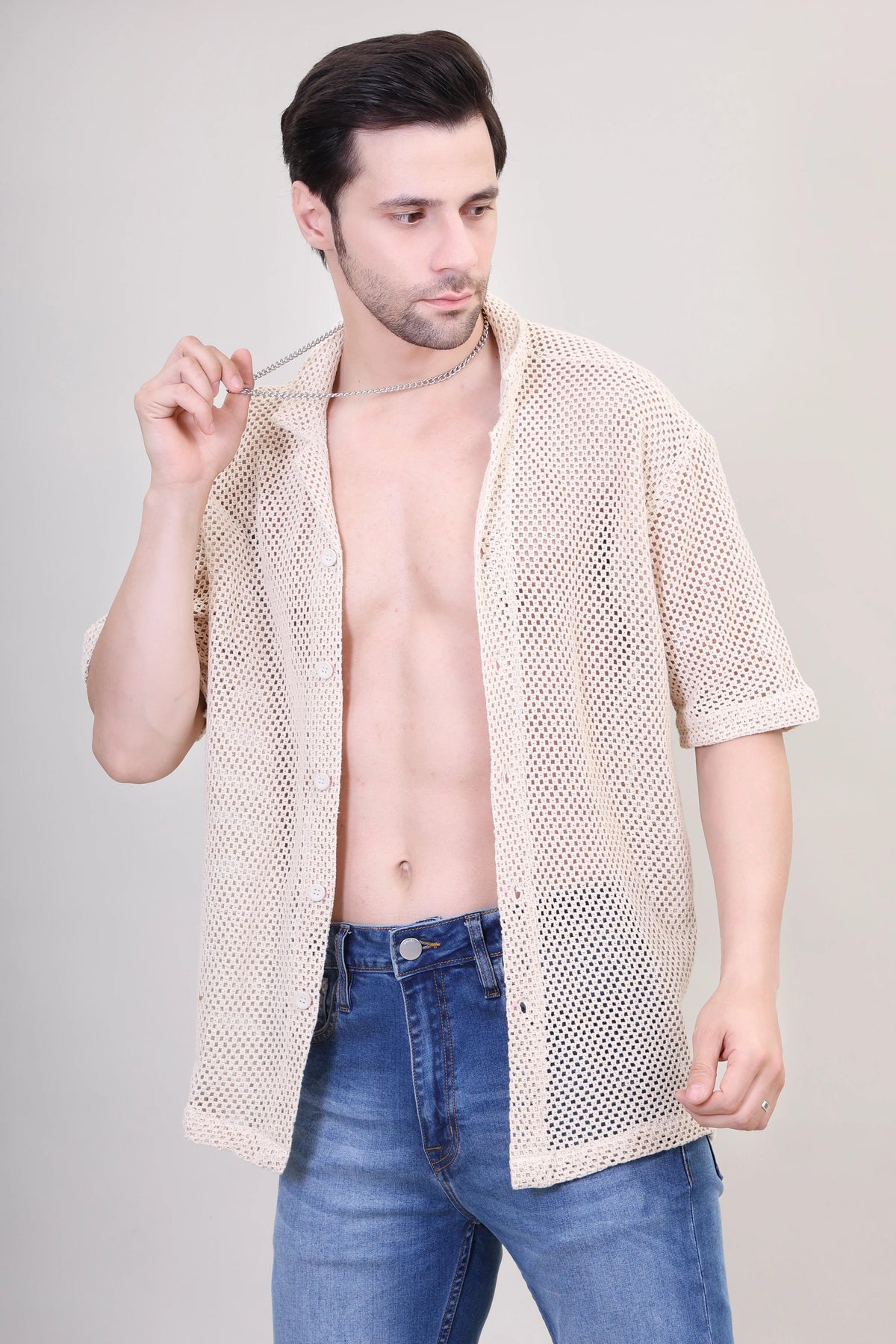 Beige Crochet Couple Shirt – Stylish Vacation Essential