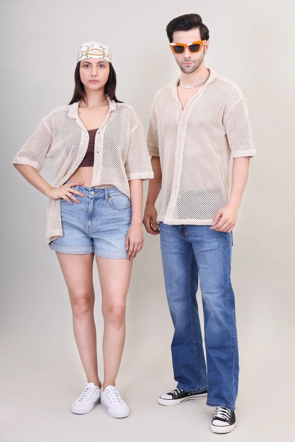 Beige Crochet Couple Shirt – Stylish Vacation Essential