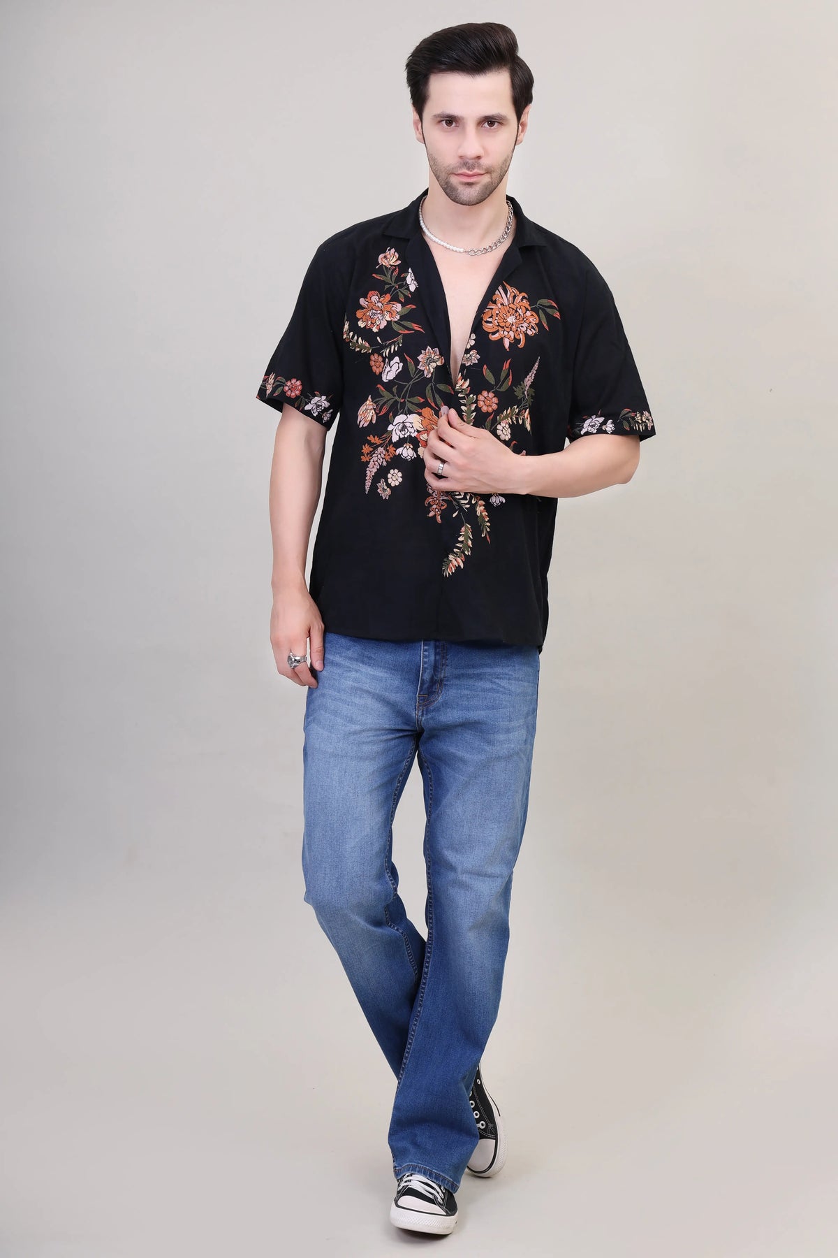 Floral Bliss Black Men's Shirt - for Travel & Beach Getaways