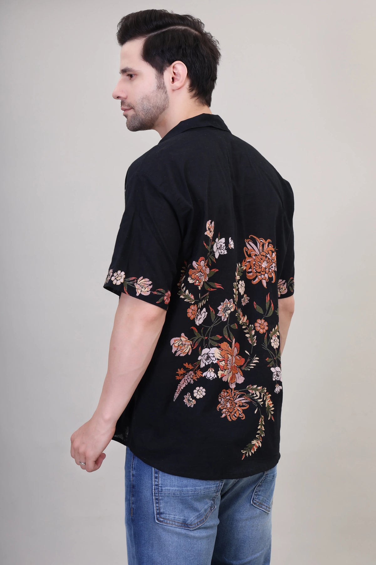 Floral Bliss Black Men's Shirt - for Travel & Beach Getaways